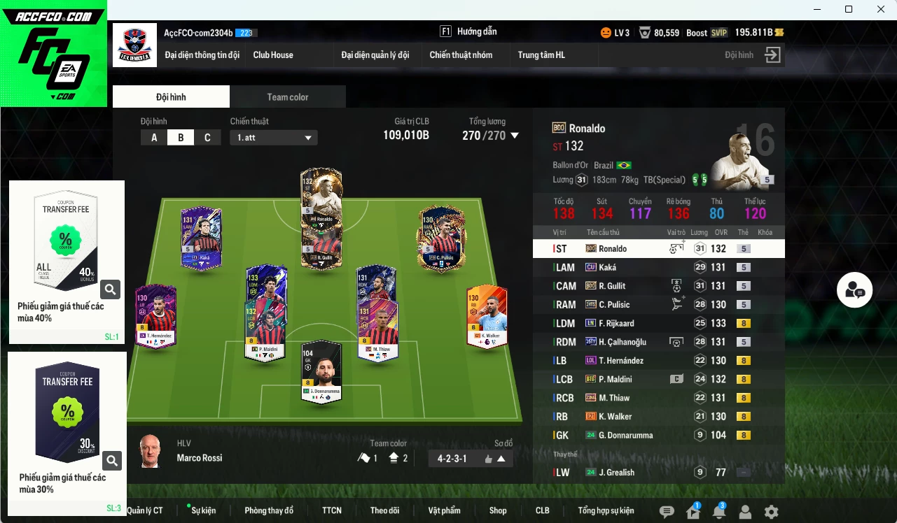 AC Milan 109.010b có Ronaldo BDO, Rijkaard LN, Pulisic TS24, Gullit BDO, Kaká CU, Calhanoglu TY25, Maldini BTB, Thiaw 23NG, Walker E21, Theo LOL